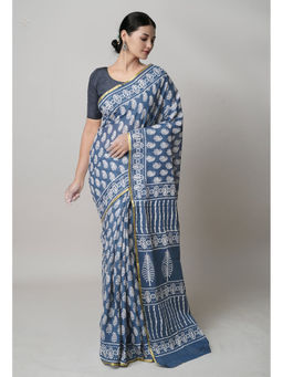 Unnati Silks - Bluish Grey Hand Block Printed Superfine Cotton Saree with Unstitched Blouse