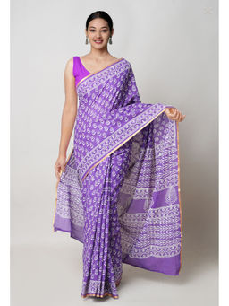 Unnati Silks - Purple Hand Block Printed Superfine Cotton Saree with Unstitched Blouse