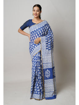 Unnati Silks - Blue Hand Block Printed Superfine Cotton Saree with Unstitched Blouse