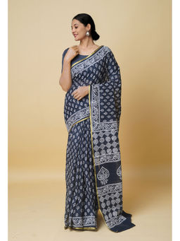 Unnati Silks - Black Hand Block Printed Superfine Cotton Saree with Unstitched Blouse