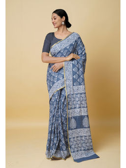 Unnati Silks - Bluish Grey Hand Block Printed Superfine Cotton Saree with Unstitched Blouse