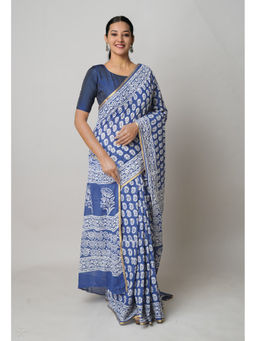Unnati Silks - Blue Hand Block Printed Superfine Cotton Saree with Unstitched Blouse