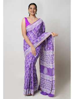 Unnati Silks - Purple Hand Block Printed Superfine Cotton Saree with Unstitched Blouse