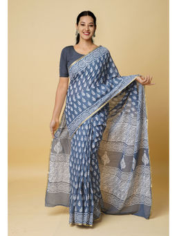 Unnati Silks - Bluish Grey Hand Block Printed Superfine Cotton Saree with Unstitched Blouse