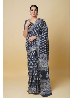 Unnati Silks - Black Hand Block Printed Superfine Cotton Saree with Unstitched Blouse