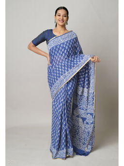 Unnati Silks - Blue Hand Block Printed Superfine Cotton Saree with Unstitched Blouse