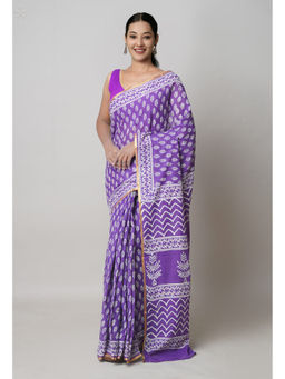 Unnati Silks - Purple Hand Block Printed Superfine Cotton Saree with Unstitched Blouse