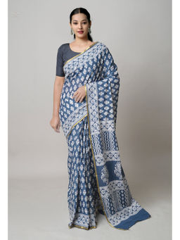 Unnati Silks - Bluish Grey Hand Block Printed Superfine Cotton Saree with Unstitched Blouse