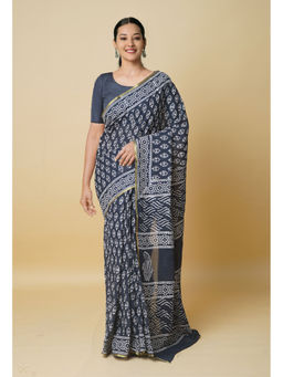 Unnati Silks - Black Hand Block Printed Superfine Cotton Saree with Unstitched Blouse