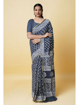 Unnati Silks - Black Hand Block Printed Superfine Cotton Saree with Unstitched Blouse