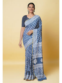 Unnati Silks - Bluish Grey Hand Block Printed Superfine Cotton Saree with Unstitched Blouse