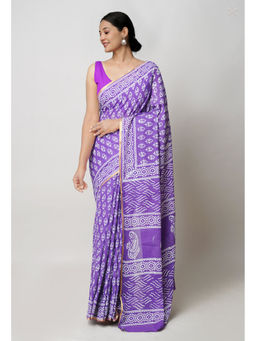 Unnati Silks - Purple Hand Block Printed Superfine Cotton Saree with Unstitched Blouse