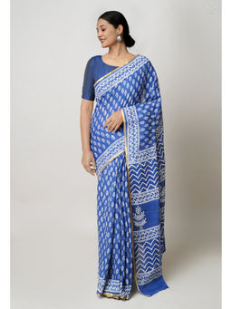 Unnati Silks - Blue Hand Block Printed Superfine Cotton Saree with Unstitched Blouse