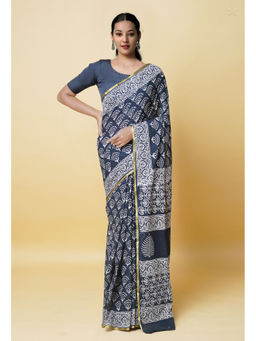 Unnati Silks - Black Hand Block Printed Superfine Cotton Saree with Unstitched Blouse