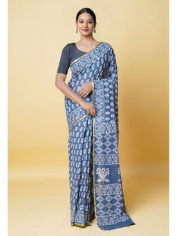 Unnati Silks - Bluish Grey Hand Block Printed Superfine Cotton Saree with Unstitched Blouse