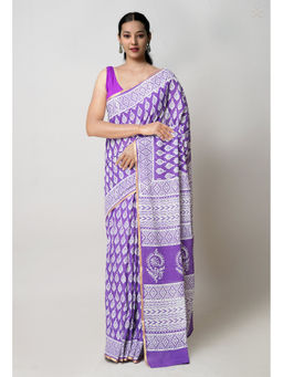 Unnati Silks - Purple Hand Block Printed Superfine Cotton Saree with Unstitched Blouse
