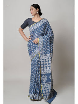 Unnati Silks - Bluish Grey Hand Block Printed Superfine Cotton Saree with Unstitched Blouse
