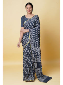 Unnati Silks - Black Hand Block Printed Superfine Cotton Saree with Unstitched Blouse