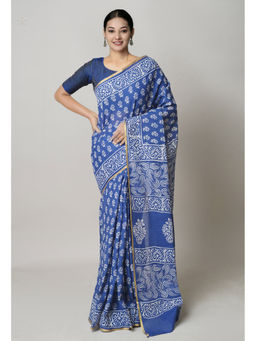 Unnati Silks - Blue Hand Block Printed Superfine Cotton Saree with Unstitched Blouse