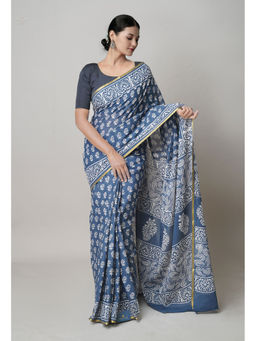 Unnati Silks - Bluish Grey Hand Block Printed Superfine Cotton Saree with Unstitched Blouse