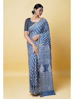 Unnati Silks - Bluish Grey Hand Block Printed Superfine Cotton Saree with Unstitched Blouse