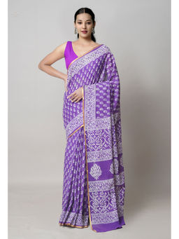 Unnati Silks - Purple Hand Block Printed Superfine Cotton Saree with Unstitched Blouse