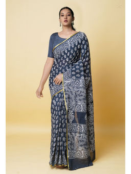 Unnati Silks - Black Hand Block Printed Superfine Cotton Saree with Unstitched Blouse