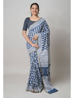 Unnati Silks - Bluish Grey Hand Block Printed Superfine Cotton Saree with Unstitched Blouse