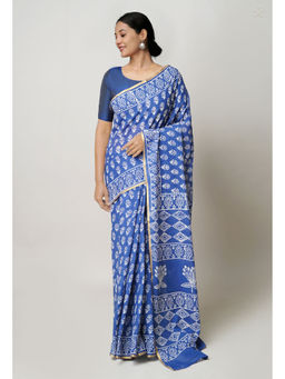 Unnati Silks - Blue Hand Block Printed Superfine Cotton Saree with Unstitched Blouse