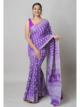 Unnati Silks - Purple Hand Block Printed Superfine Cotton Saree with Unstitched Blouse