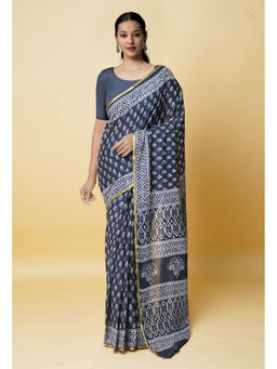 Unnati Silks - Black Hand Block Printed Superfine Cotton Saree with Unstitched Blouse