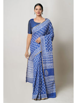 Unnati Silks - Blue Hand Block Printed Superfine Cotton Saree with Unstitched Blouse
