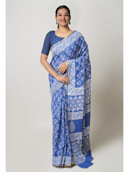 Unnati Silks - Blue Hand Block Printed Superfine Cotton Saree with Unstitched Blouse