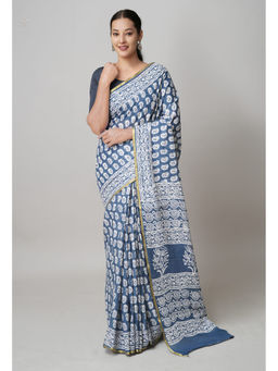 Unnati Silks - Bluish Grey Hand Block Printed Superfine Cotton Saree with Unstitched Blouse
