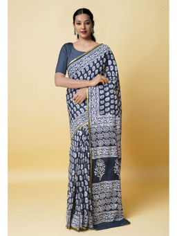 Unnati Silks - Black Hand Block Printed Superfine Cotton Saree with Unstitched Blouse