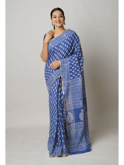 Unnati Silks - Blue Hand Block Printed Superfine Cotton Saree with Unstitched Blouse