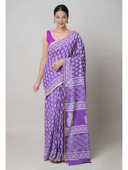 Unnati Silks - Purple Hand Block Printed Superfine Cotton Saree with Unstitched Blouse