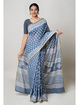 Unnati Silks - Bluish Grey Hand Block Printed Superfine Cotton Saree with Unstitched Blouse