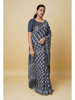 Unnati Silks - Black Hand Block Printed Superfine Cotton Saree with Unstitched Blouse