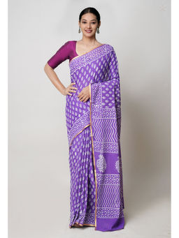 Unnati Silks - Purple Hand Block Printed Superfine Cotton Saree with Unstitched Blouse