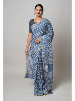 Unnati Silks - Bluish Grey Hand Block Printed Superfine Cotton Saree with Unstitched Blouse