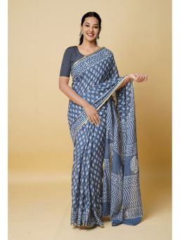 Unnati Silks - Bluish Grey Hand Block Printed Superfine Cotton Saree with Unstitched Blouse
