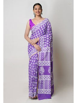 Unnati Silks - Purple Hand Block Printed Superfine Cotton Saree with Unstitched Blouse