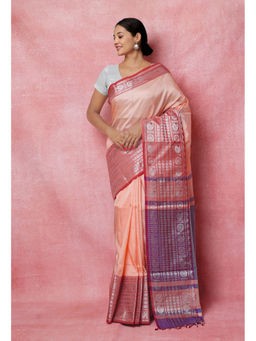 Unnati Silks - Peach Pink Handloom Narayan Pet Silk Saree with Unstitched Blouse