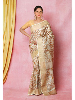 Unnati Silks - Beige Cream Designer Printed Bengal Tussar Silk Saree with Unstitched Blouse