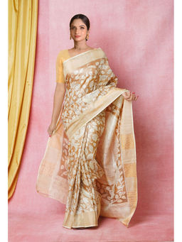 Unnati Silks - Peach Brown Cream Designer Printed Bengal Tussar Silk Saree with Unstitched Blouse
