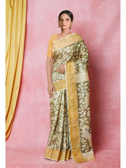 Unnati Silks - Olive Green Cream Designer Printed Bengal Tussar Silk Saree with Unstitched Blouse