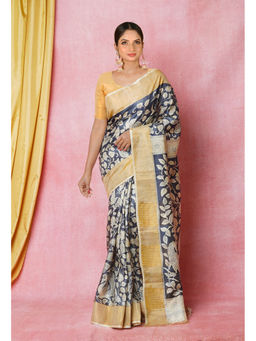 Unnati Silks - Navy Blue Cream Designer Printed Bengal Tussar Silk Saree with Unstitched Blouse
