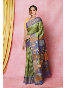 Unnati Silks - Green Navy Blue Designer Printed Bengal Tussar Silk Saree with Unstitched Blouse