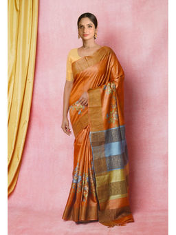 Unnati Silks - Bronze Orange Designer Printed Bengal Tussar Silk Saree with Unstitched Blouse